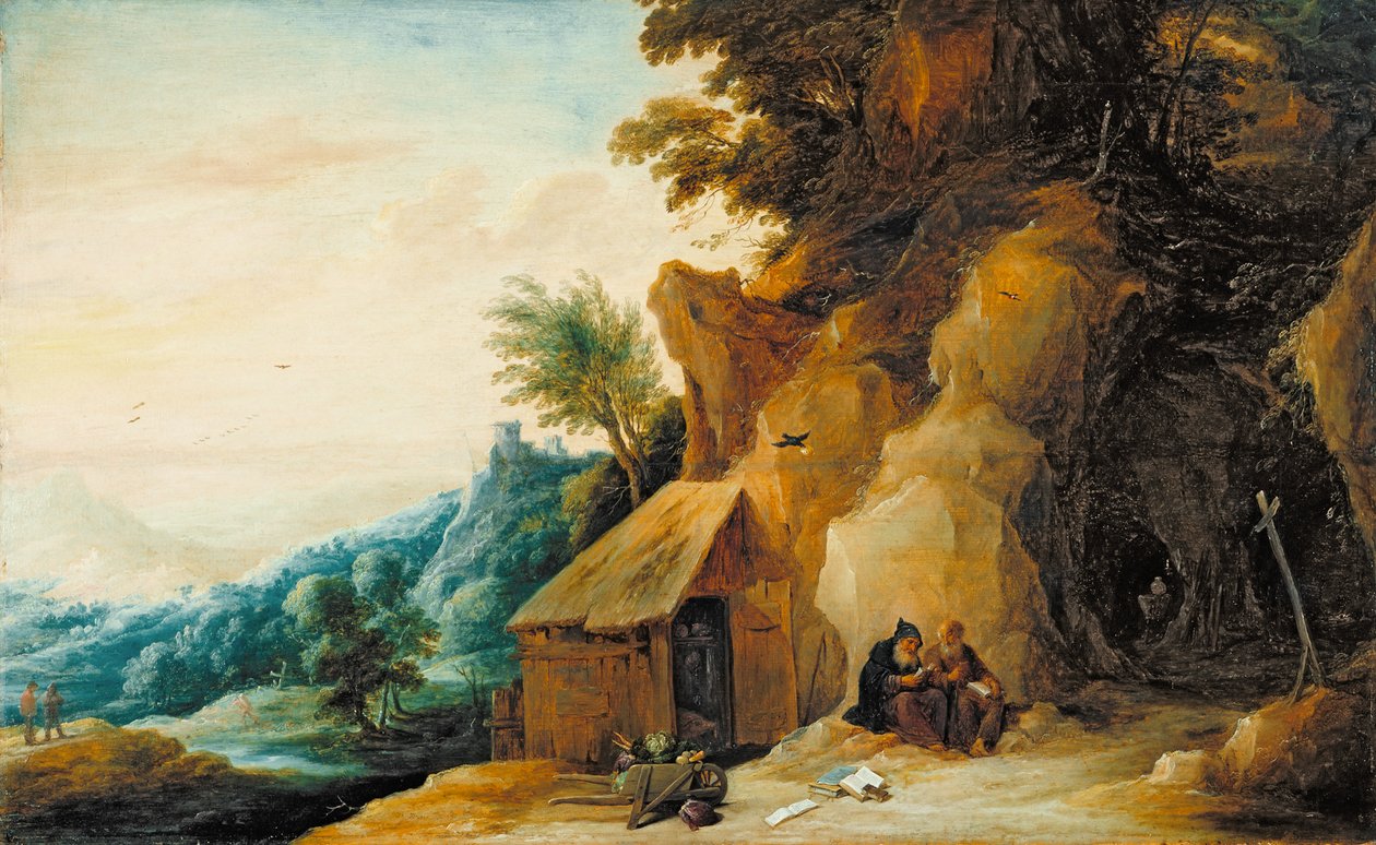 القديسان أنتوني وبولس في المناظر الطبيعية ، 1636-38 (زيت على لوحة منقولة إلى الماسونيت) بواسطة ديفيد تينيرز الأصغر