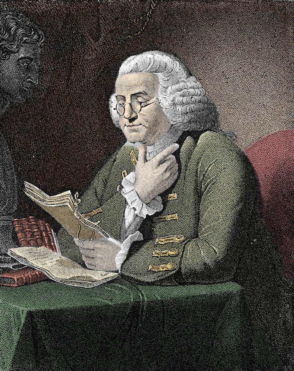 صورة لبنجامين فرانكلين (1706-1790) ، الفيلسوف والفيزيائي والسفير الأمريكي. نقش بعد لوحة لديفيد مارتن. بواسطة ديفيد (بعد) مارتن
