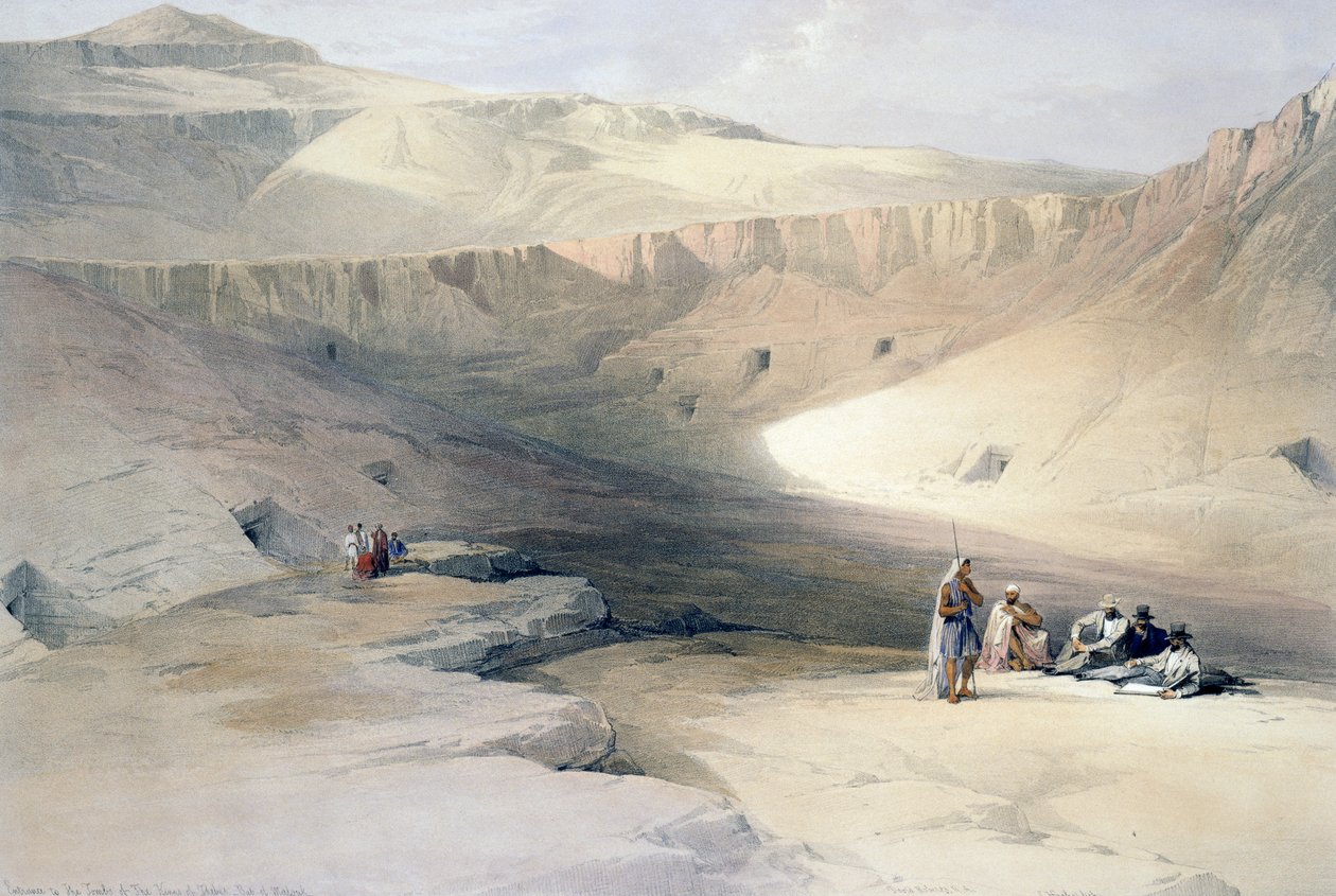 مدخل مقابر الملوك في طيبة ، نقش من رسم ديفيد روبرتس (1796-1864) ، من مصر والنوبة بواسطة ديفيد (بعد) روبرتس
