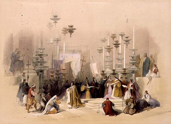 حجر المسحة ، كنيسة القيامة ، 30 مارس 1839 ، اللوحة 19 من المجلد الأول من "الأرض المقدسة" ، نقشها لويس هاجي (1806-1885) حانة. 1842 (ليثو) بواسطة ديفيد (بعد) روبرتس