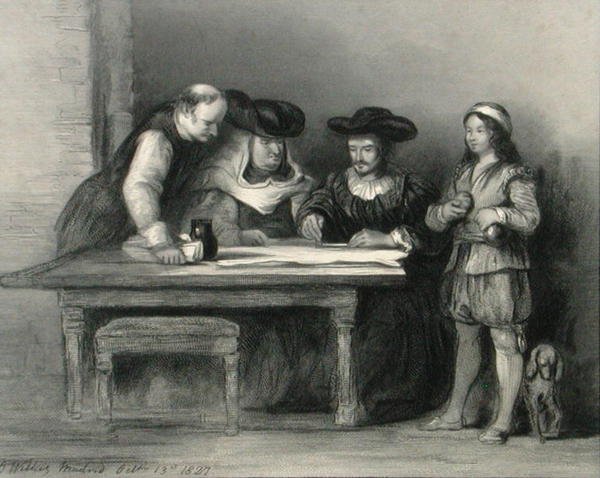 كريستوفر كولومبوس (1451-1506) في الدير في لا رابيدا من "معرض الصور" ، نُشر عام 1833 (نقش) بواسطة ديفيد (بعد) ويلكي