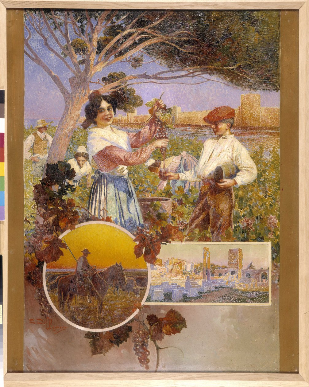 Aigues Mortes (Aigues-Mortes) ، Arles ، The Camargue: امرأة شابة تظهر مجموعة جميلة من العنب التقطتها للتو من مزرعة عنب. ديفيد ديليبيان (1866-1932) ، التنقيطية. ذكر إلزامي: مجموعة مؤسسة بخصوص دي بروفانس ، مرسيليا (سم 1 بواسطة ديفيد Dellepiane