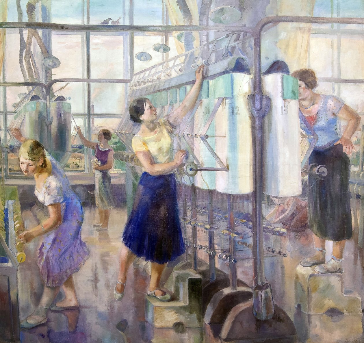 Le plan quinquennal - ورشة عمل نسائية في Sevkabel Factory par Zagoskin ، David Efimovich (1890-1942). زيت على قماش ، مقاس 200x215 بواسطة ديفيد افيموفيتش زاغوسكين