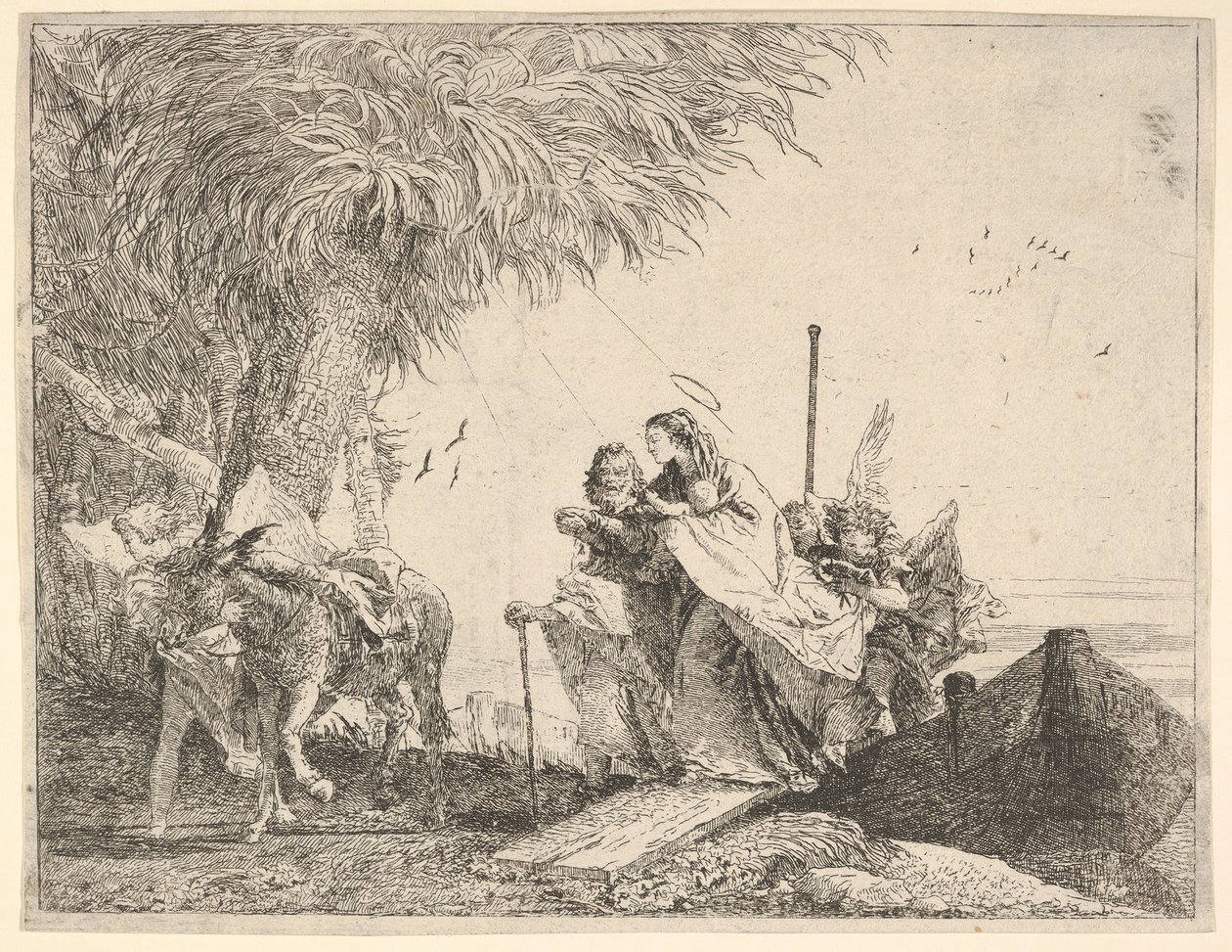 مريم ، بمساعدة يوسف وملاك ، وهي تخطو من قارب إلى الشاطئ ، ويثبت ملاك ... 1753. بواسطة ديفيد جيوفاني
