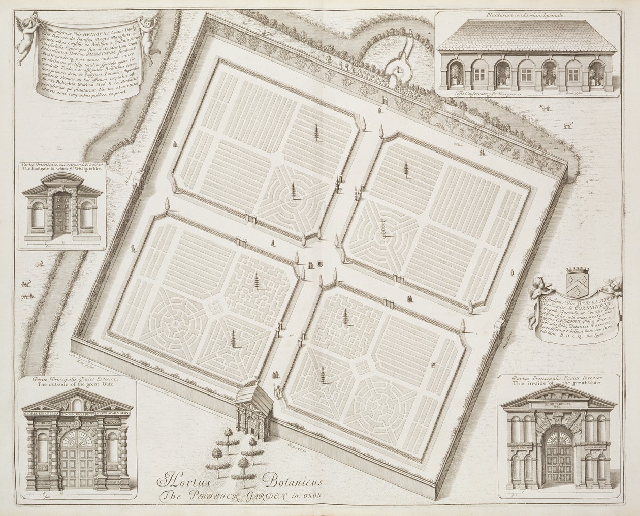 Hortus Botanicus ، حديقة Physick ، Oxon ، من "Oxonia Illustrata" ، تم نشره عام 1675 بواسطة ديفيد لوجان