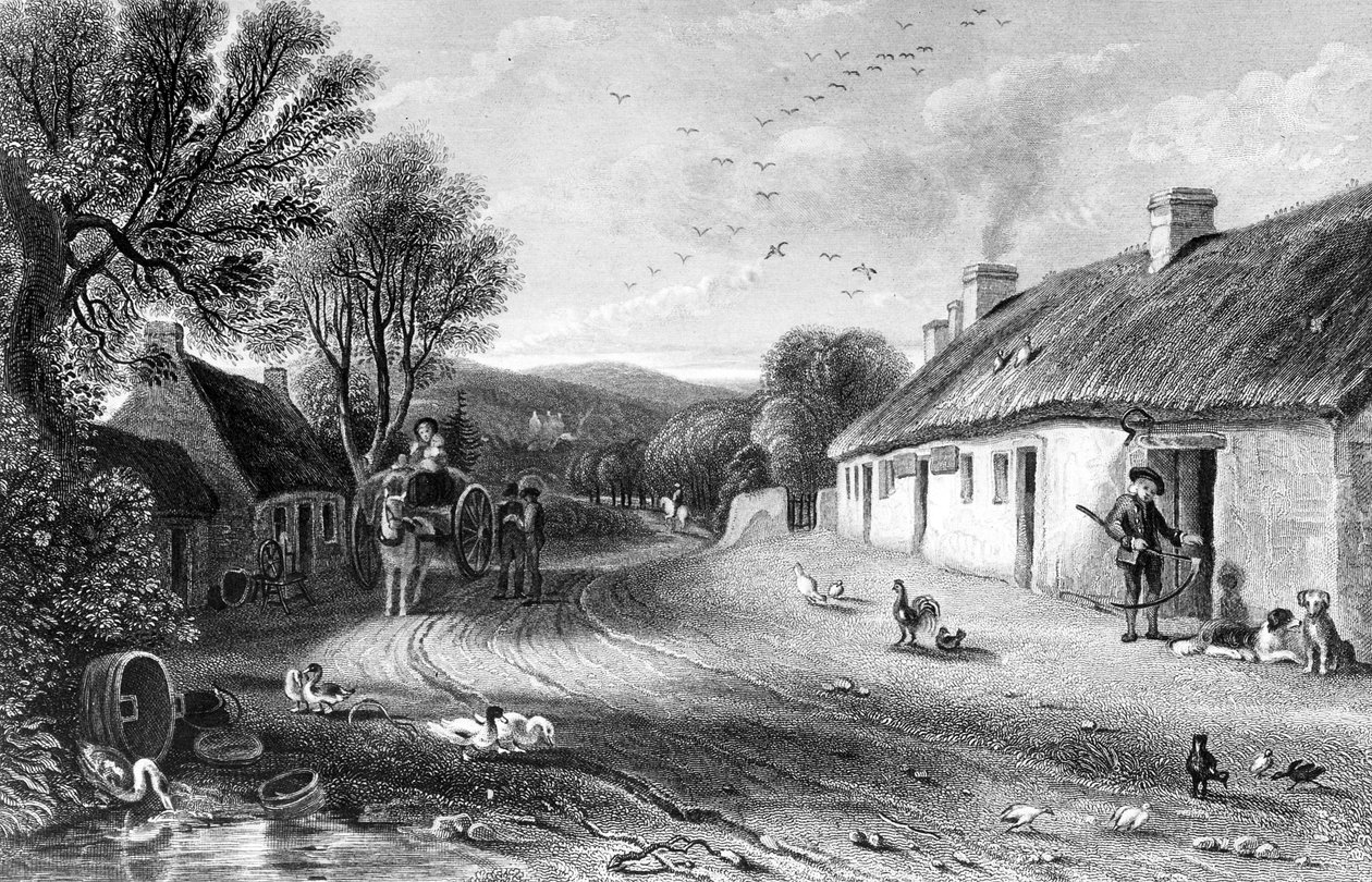 كوخ بيرنز ، رسم توضيحي من "أرض الحروق" لجون ويلسون ، تم نشره عام 1840 بواسطة ديفيد اوكتافيوس هيل