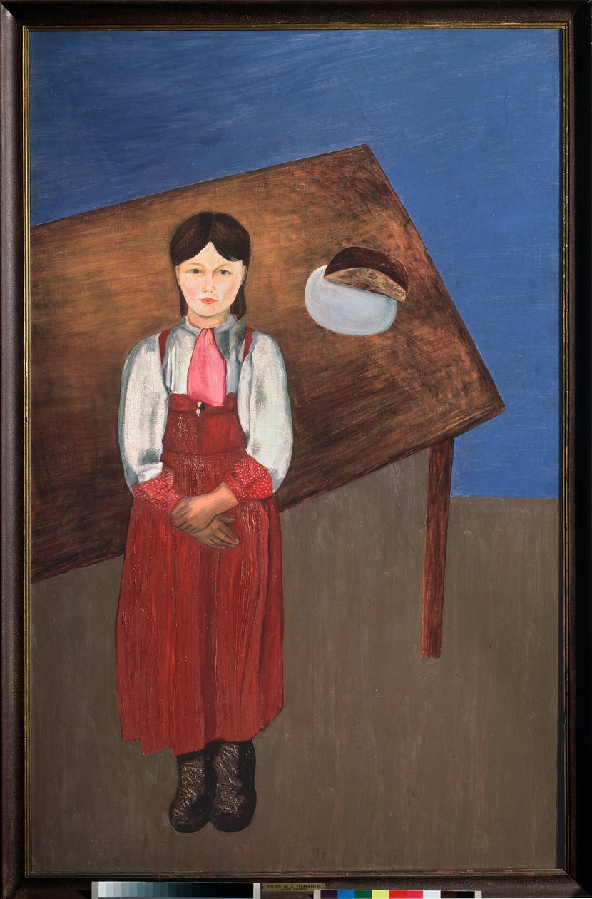 أنيسكا. (صورة لفتاة صغيرة حزينة أمام طاولة). لوحة ديفيد بتروفيتش سترينبرغ (1881-1948) ، زيت على قماش بواسطة ديفيد بتروفيتش سترينبرج