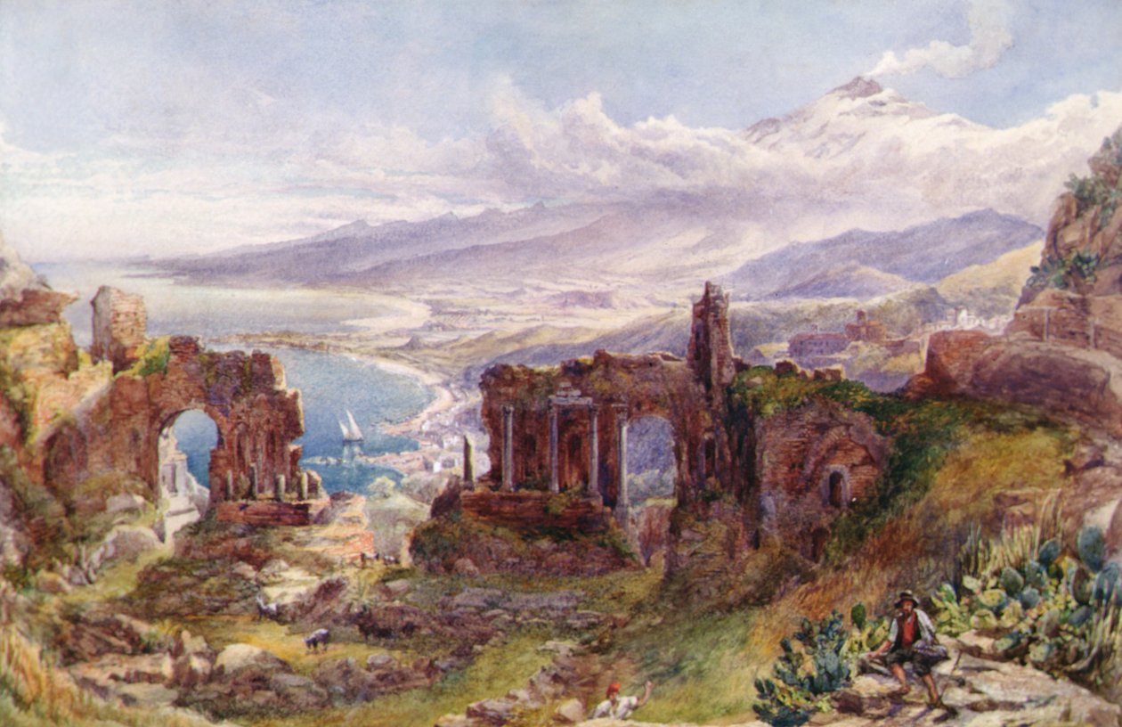A View of Taormina and Mount Etna, Sicily (watercolor on paper) بواسطة ديفيد باول