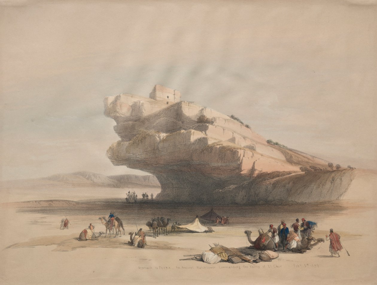 نهج البتراء ، برج مراقبة قديم يقود وادي الشور ، 1839. بواسطة ديفيد روبرتس