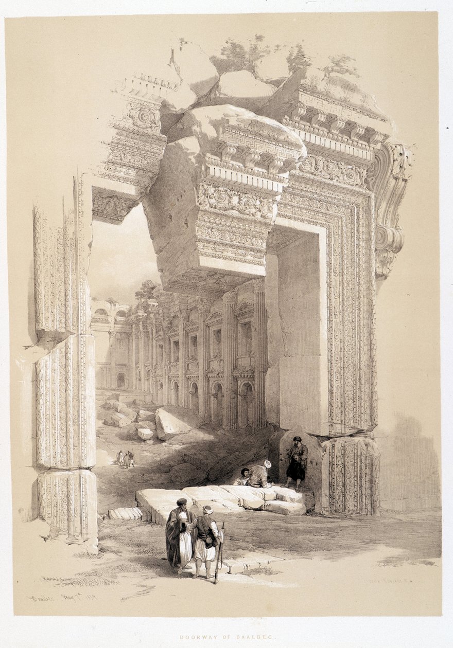 بوابة بعلبك في لبنان ، رسم بتاريخ 1839/7/05 في "الأرض المقدسة" ، لندن 1849 بواسطة ديفيد روبرتس
