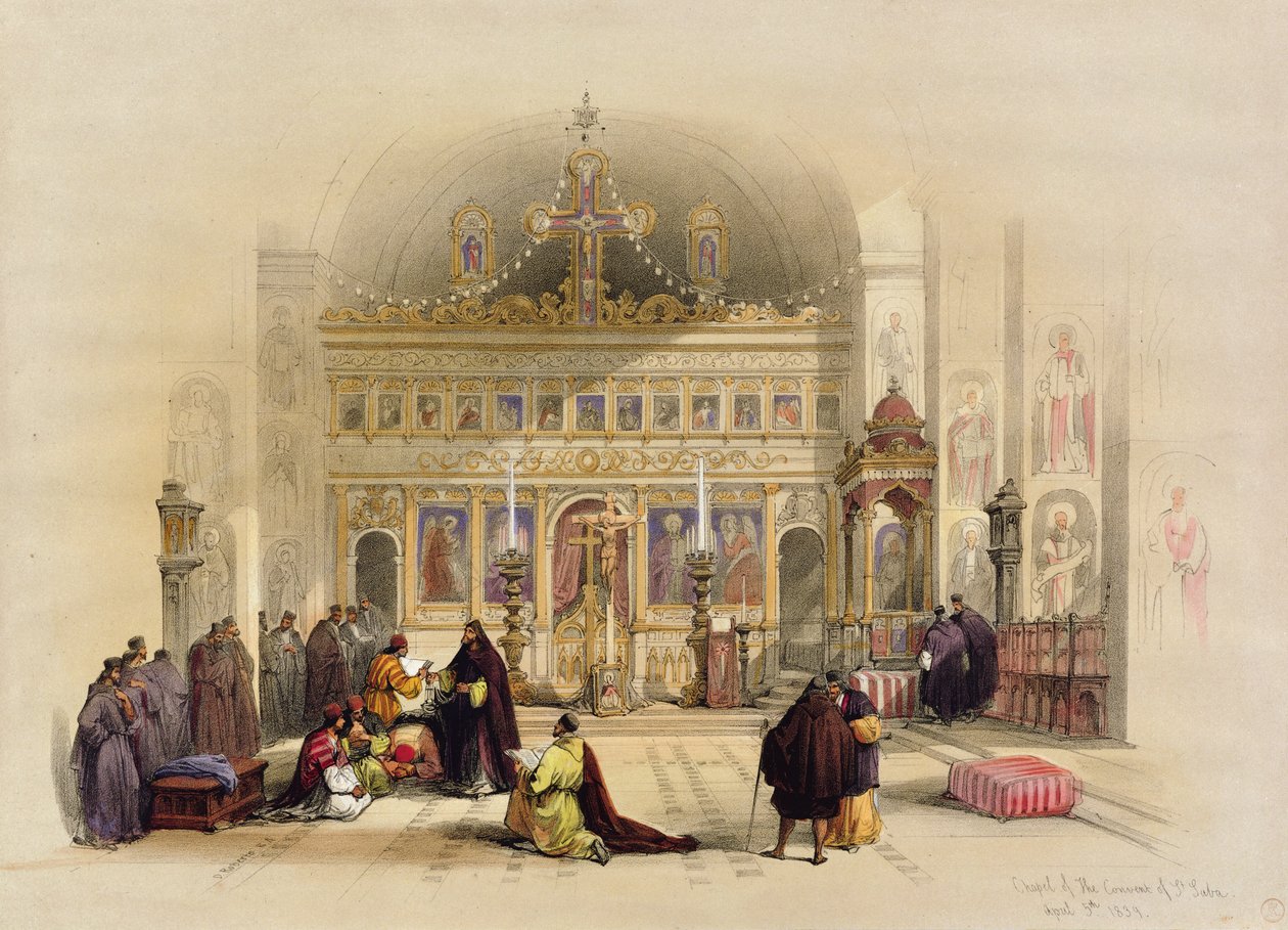 كنيسة دير القديس سابا ، 5 أبريل 1839 ، من المجلد الثاني "المنشورة في لندن" الأرض المقدسة "؛ محفورة من قبل Louis Haghe (1806-85) 1842 Land، &39;1842 (litho color) بواسطة ديفيد روبرتس