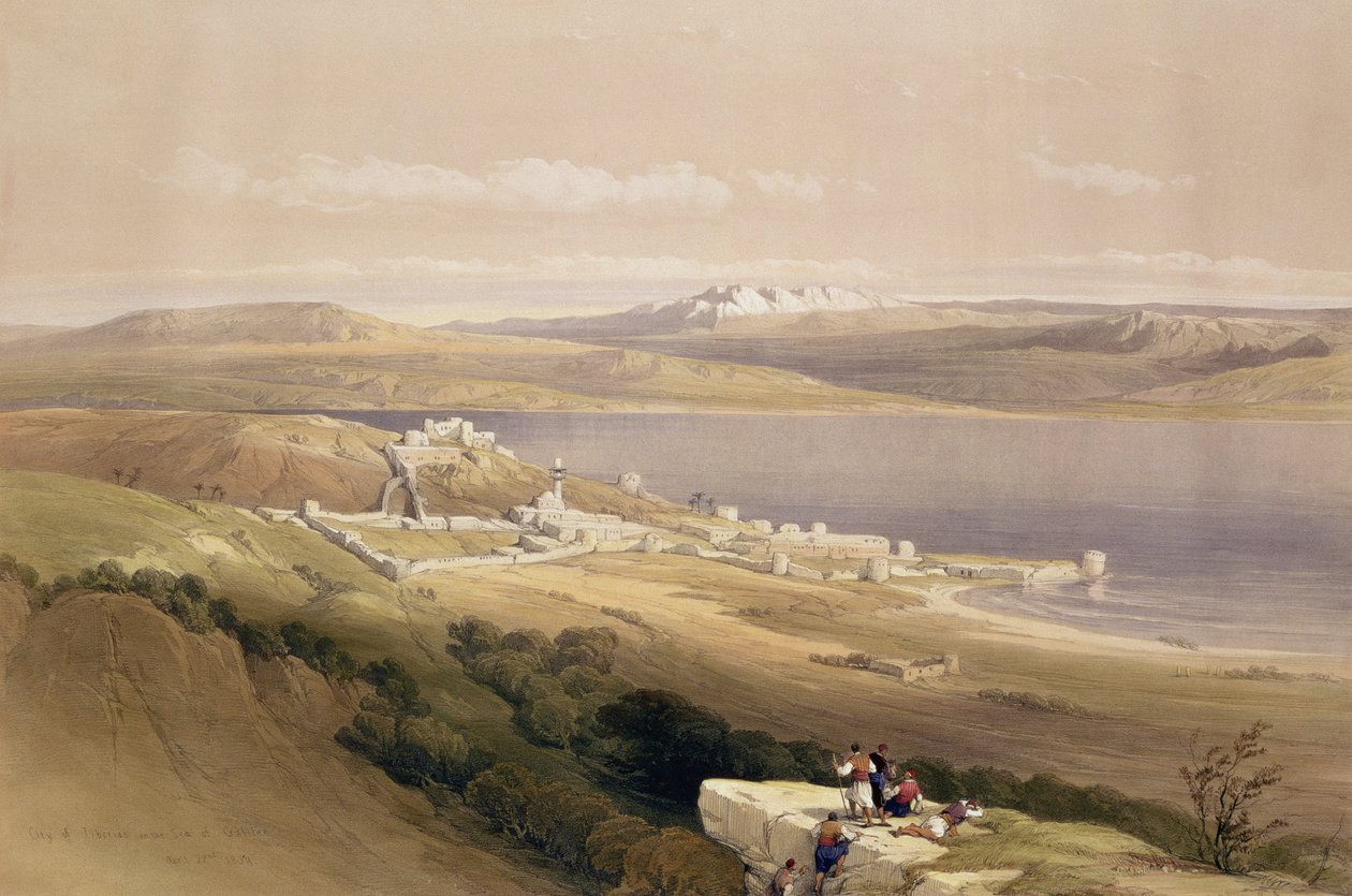 مدينة طبريا على بحر الجليل ، 22 أبريل 1839 ، اللوحة 38 من المجلد الأول من "الأرض المقدسة" ، نقش بواسطة حانة لويس هاغي (1806-85). 1842 بواسطة ديفيد روبرتس