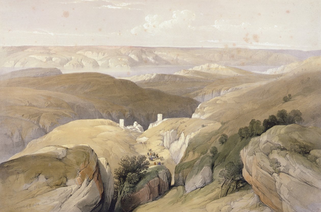 دير القديس سابا ، أبريل 1839 ، من المجلد الثاني للأرض المقدسة ؛ محفورة من قبل Louis Haghe (1806-85) نشر في لندن ، 1842 بواسطة ديفيد روبرتس