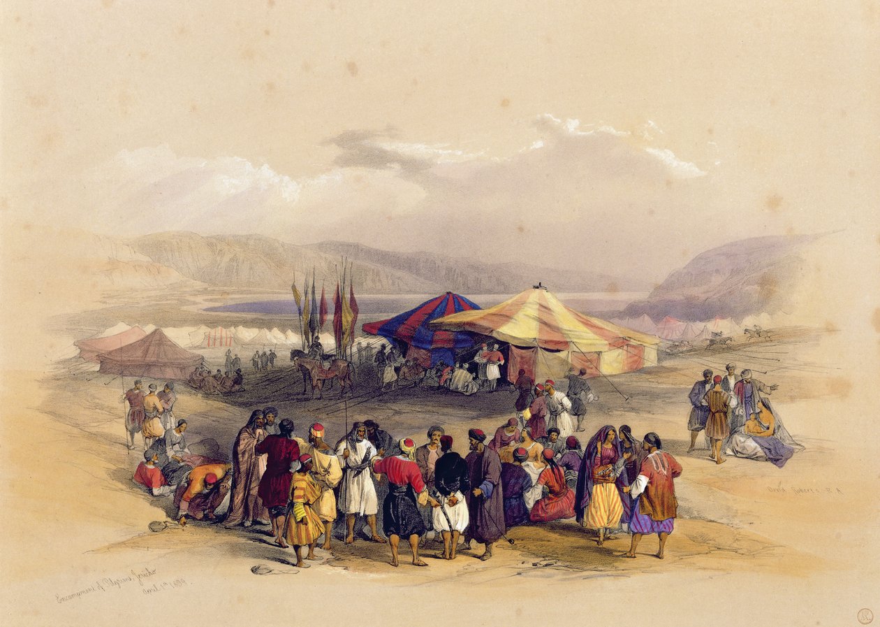 معسكر الحجاج في أريحا ١ أبريل ١٨٣٩ من المجلد الثاني من "الأرض المقدسة" ؛ محفورة من قبل Louis Haghe (1806-85) نشر في لندن ، 1842 بواسطة ديفيد روبرتس