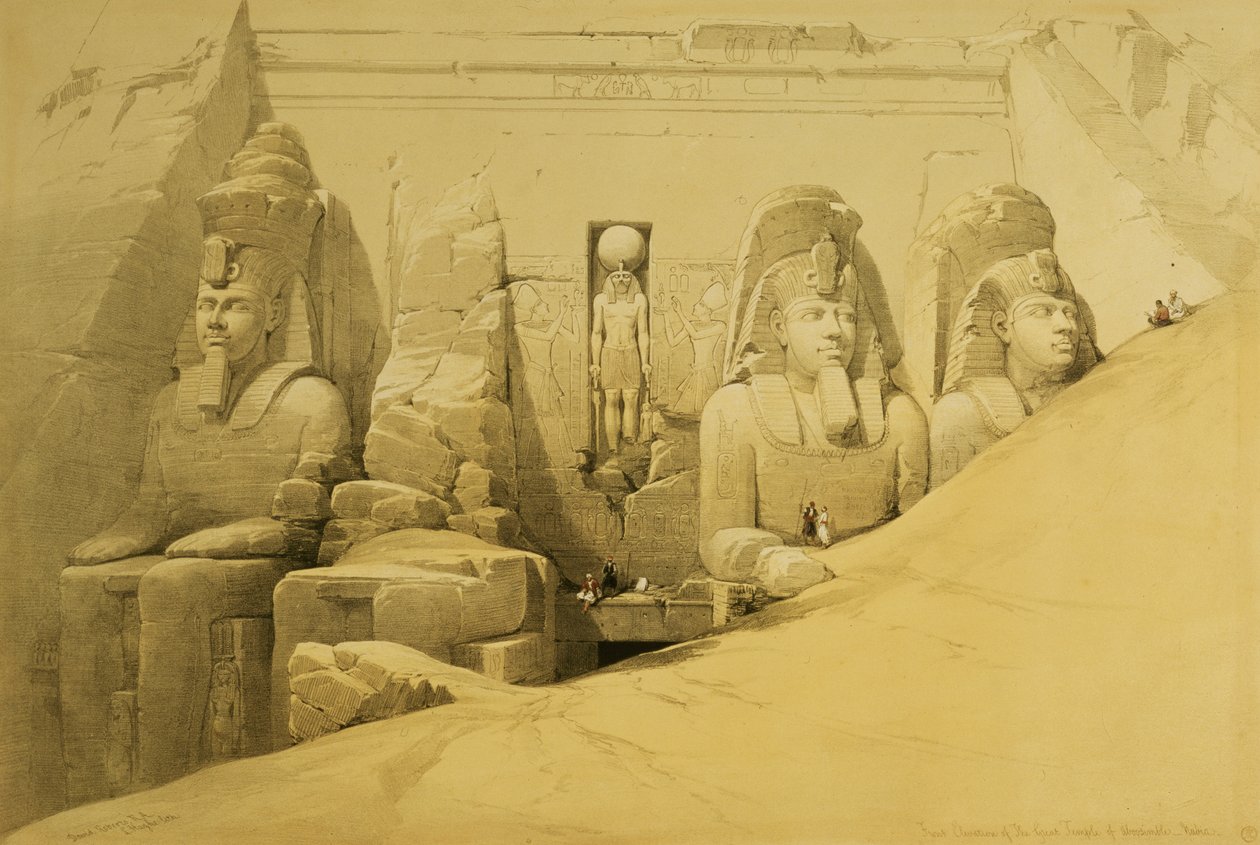 الارتفاع الأمامي لمعبد أبو سمبل العظيم ، النوبة ، اللوحة 44 من المجلد الثاني من "مصر والنوبة" ، نقش بواسطة حانة لويس هاغي (1806-85). 1849 بواسطة ديفيد روبرتس