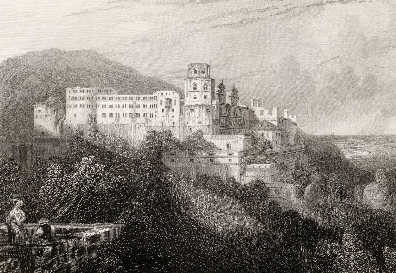 قلعة هايدلبرغ ، هايدلبرغ ، نقشها JTWillmore في "حجاج الراين" ، نُشر عام 1840 بواسطة ديفيد روبرتس