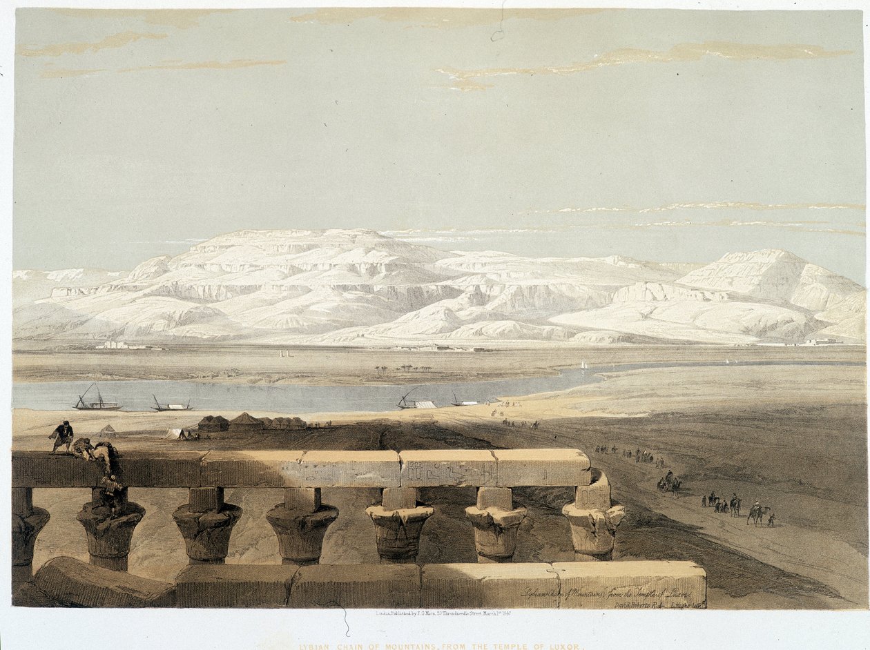 جبل في ليبيا ، يُرى من معبد الأقصر في مصر. رسم رسم 1838 في "الأرض المقدسة" ، لندن 1849 بواسطة ديفيد روبرتس