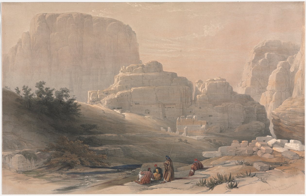 البتراء ، الطرف الأدنى من الوادي ، عرض الأكروبوليس ، 1839. بواسطة ديفيد روبرتس