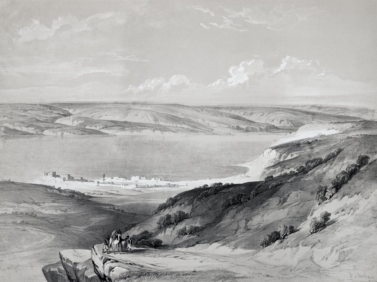 بحيرة طبريا ، من الرحلة إلى الأرض المقدسة ، مطبوعة على الحجر لديفيد روبرتس (1796-1864) بواسطة ديفيد روبرتس