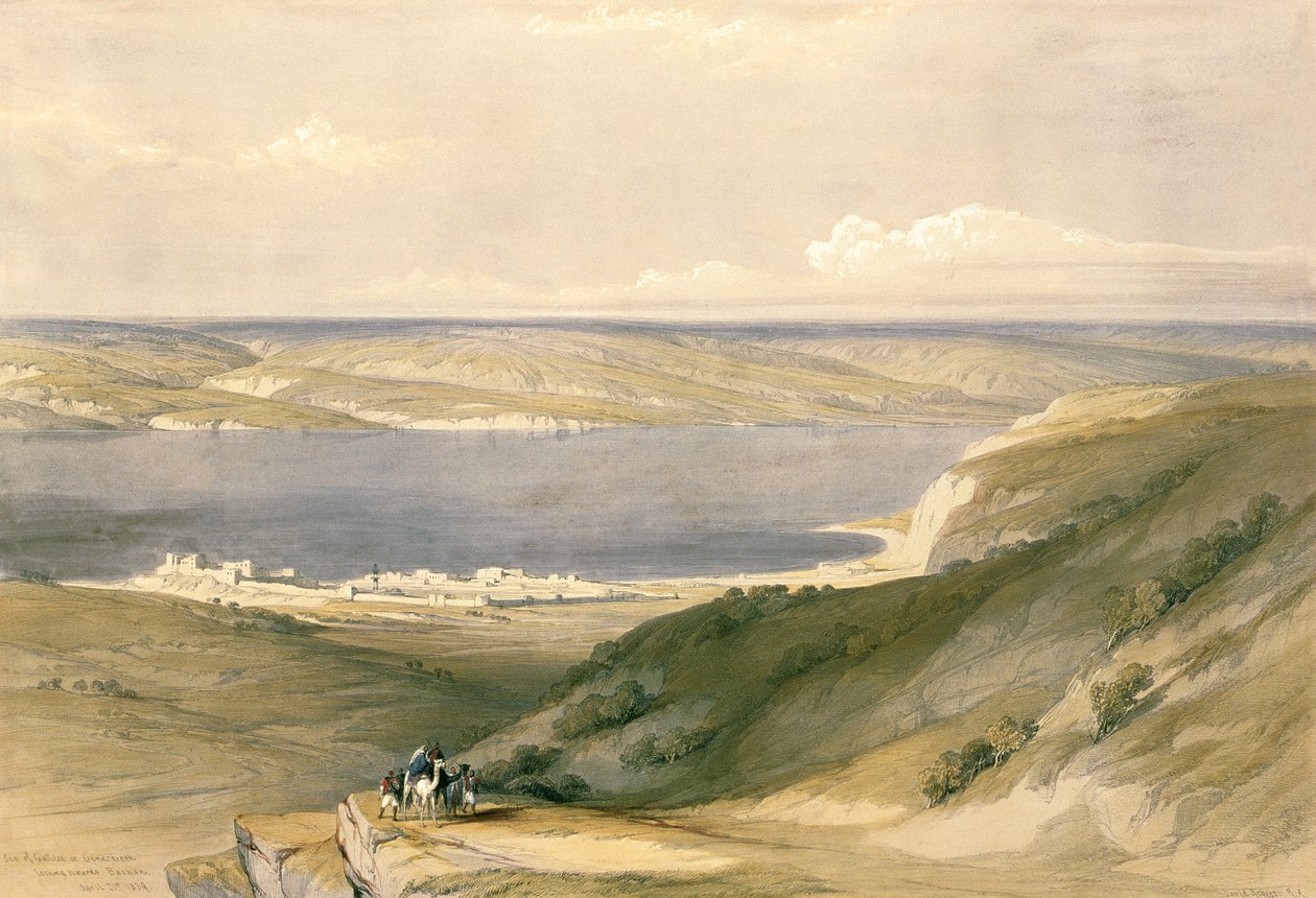 بحر الجليل أو جنيزاريث ، يتطلع نحو باشان ، 21 أبريل 1839 ، اللوحة 36 من المجلد الأول من "الأرض المقدسة" ، منقوش بواسطة حانة لويس هاغي (1806-85). 1842 بواسطة ديفيد روبرتس