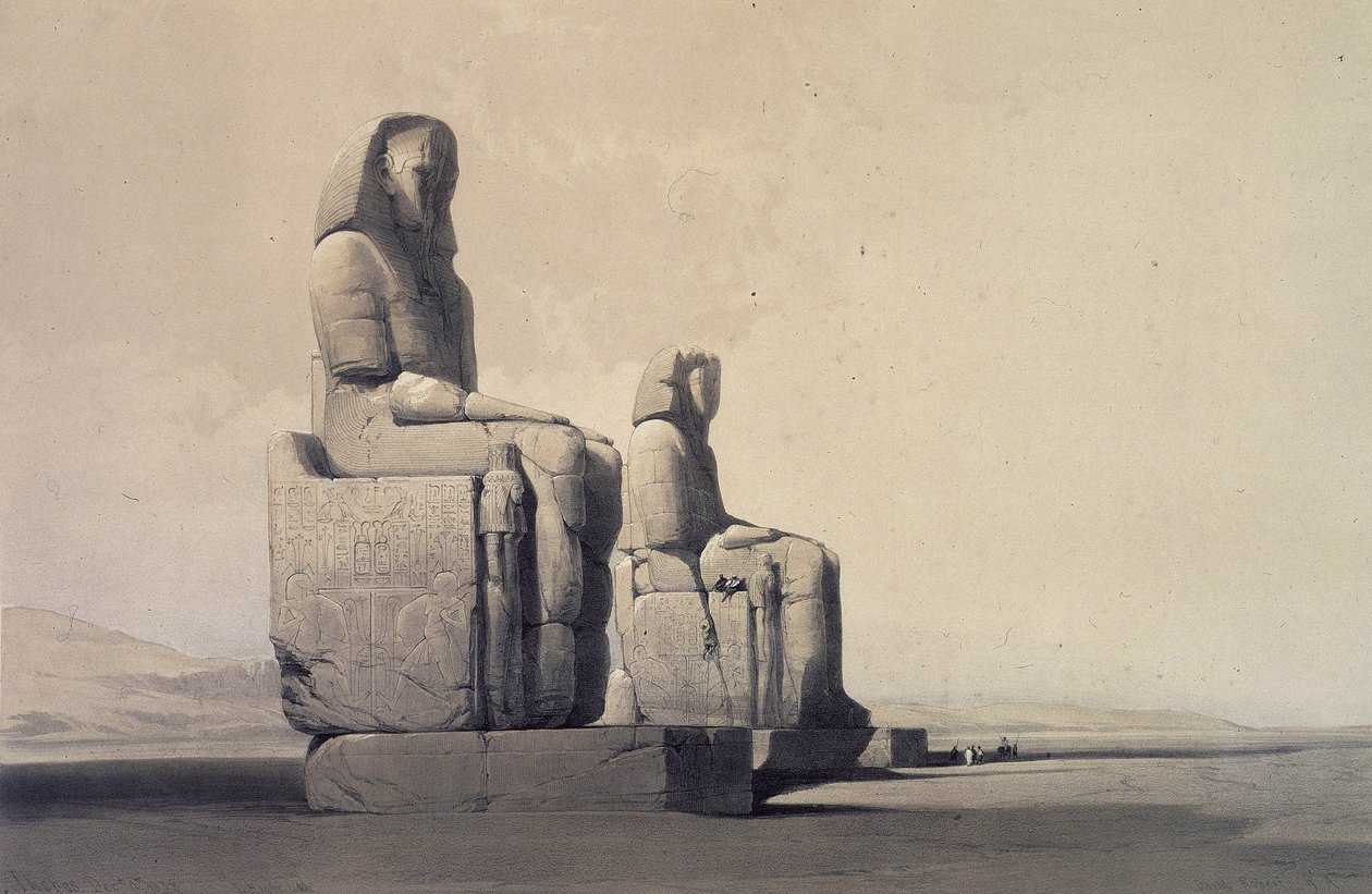 التماثيل في طيبة ، مصر ، c1845 (طباعة حجرية) بواسطة ديفيد روبرتس