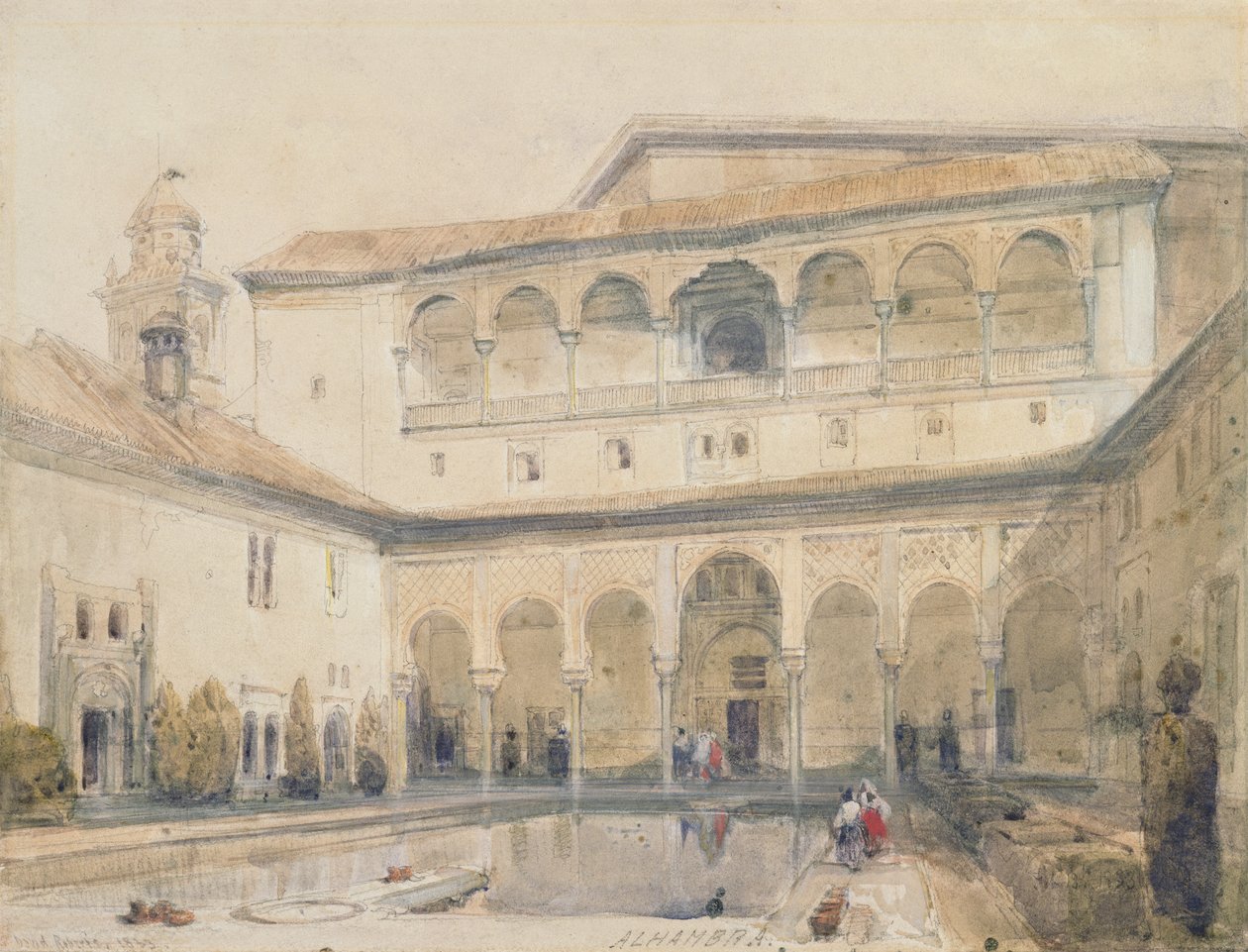 محكمة Myrtles ، Alhambra (أو Hall of Myrtles ، Alhambra) 1833 (قلم رصاص وألوان مائية على ورق) بواسطة ديفيد روبرتس