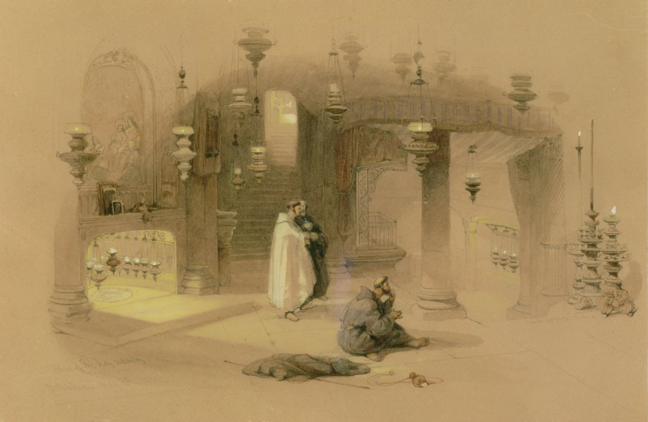 ضريح المهد المقدس ، بيت لحم ، 1839 (مرحاض بالقلم الرصاص ، يعلوه الغواش والصمغ العربي على ورق برتقالي) بواسطة ديفيد روبرتس