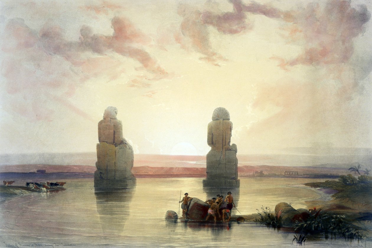 تماثيل ممنون، طيبة، أثناء الفيضانات، لوحة مائية. ديفيد روبرتس (1796-1864) فنان ومستشرق اسكتلندي. التماثيل العملاقة بالقرب من وادي الملوك، مصر، التي بناها أمنحتب الثاني (حوالي 1411-1375 قبل الميلاد). بواسطة ديفيد روبرتس