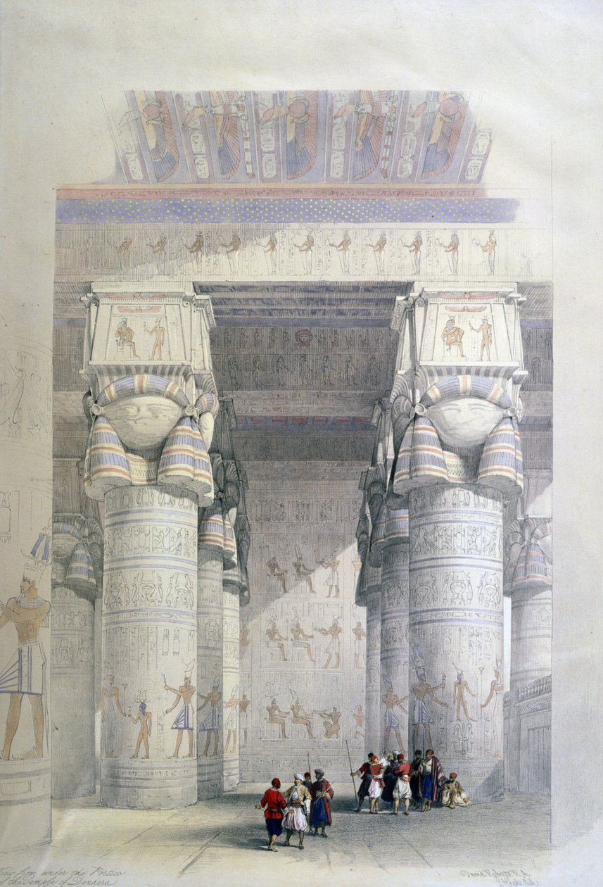 منظر من تحت رواق معبد دندرة"، حوالي عام 1839. مطبوعة حجرية من عام 1856 بعد ديفيد روبرتس (1796-1864) فنان ومستشرق اسكتلندي. بواسطة ديفيد روبرتس
