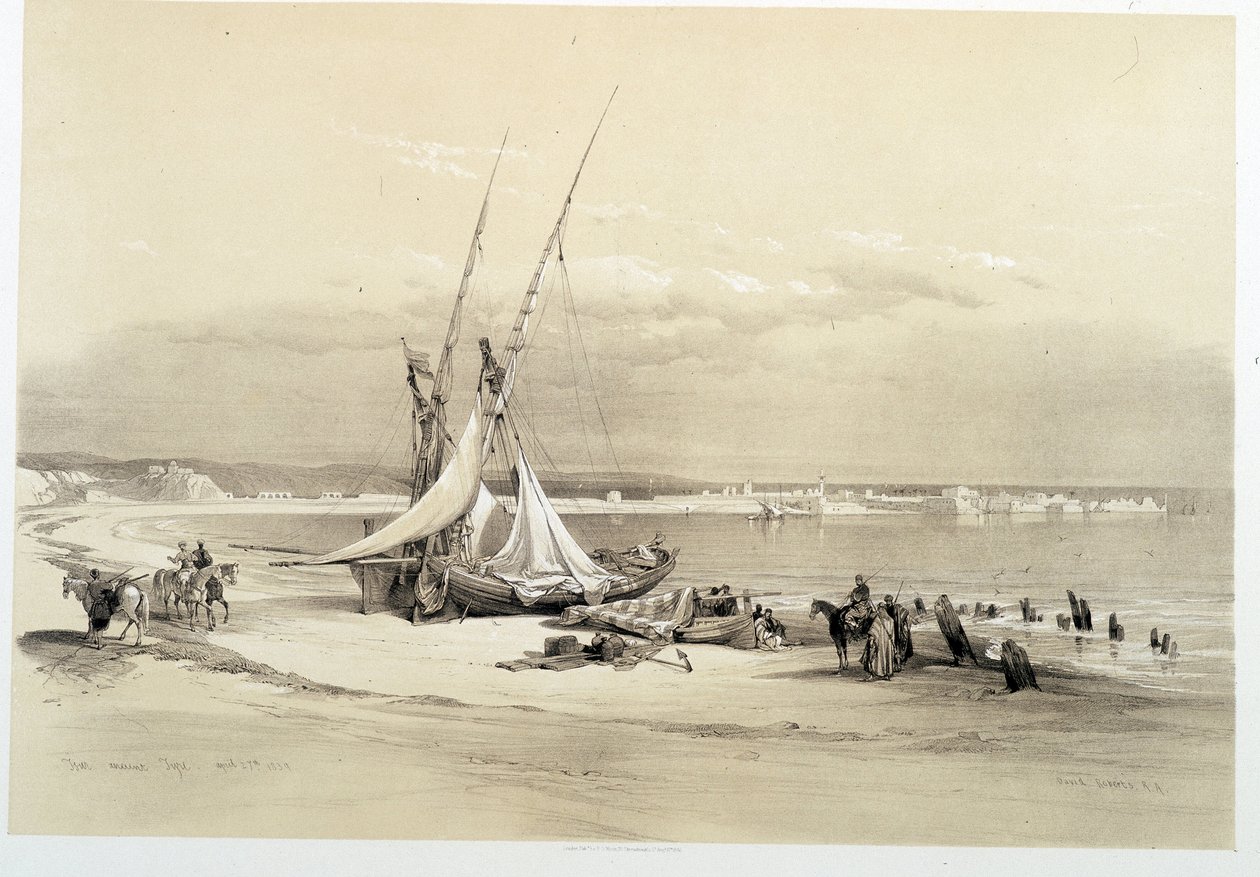 منظر لمدينة صور في لبنان ، رسم بتاريخ 27/04/1839 في "الأرض المقدسة" ، لندن 1849 بواسطة ديفيد روبرتس