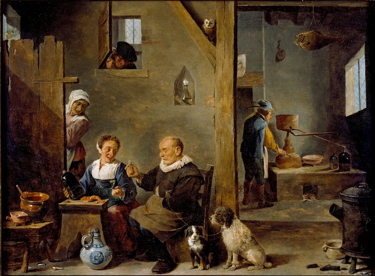 معمل تقطير لرجل مسن يشتري الجن من امرأة ، 1640-1649 بواسطة ديفيد تينيرز الثاني
