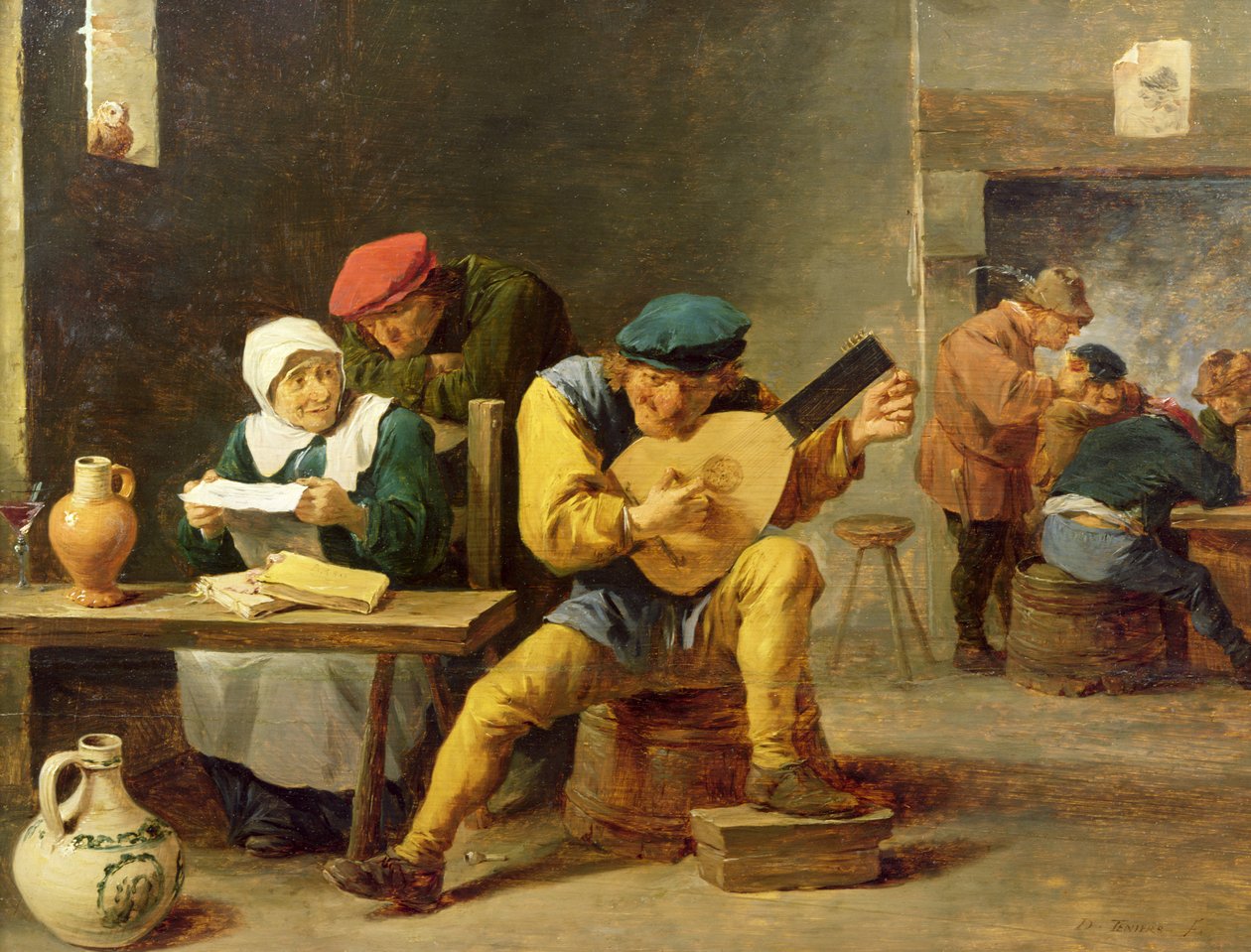 الفلاحون يصنعون الموسيقى في فندق ، c.1635 (زيت على خشب البلوط) بواسطة ديفيد تينيرز الأصغر