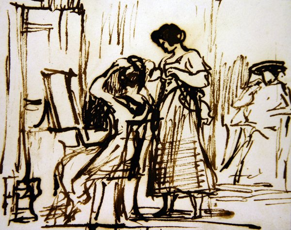 من الداخل مع امرأة تلبيس شعرها (حبر على ورق) بواسطة ديفيد ويلكي