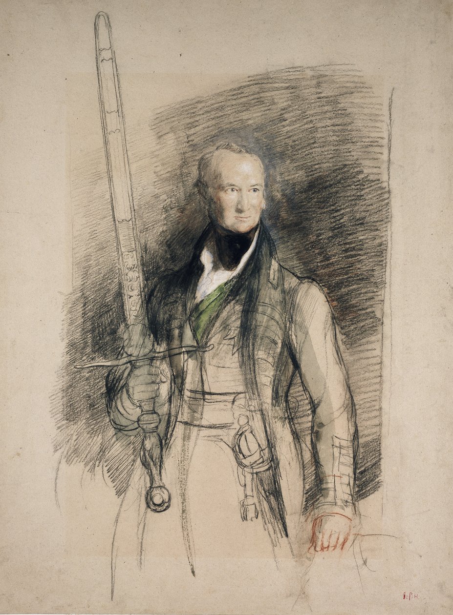 إيرل مورتون يحمل سيف الدولة ، 1824 (طباشير أسود وأحمر مع مرحاض ولون جسم على ورق رمادي) بواسطة ديفيد ويلكي
