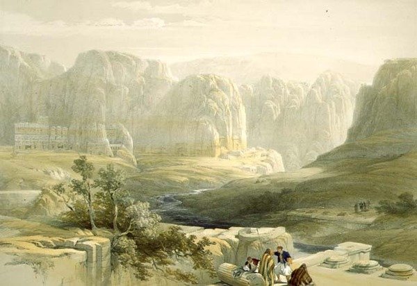 البتراء تطل على الجنوب ، 9 مارس 1839 ، اللوحة 106 من المجلد الثالث من الأرض المقدسة ، محفورة بواسطة حانة لويس هاغه (1806-85). 1849 بواسطة ديفيد بعد روبرتس