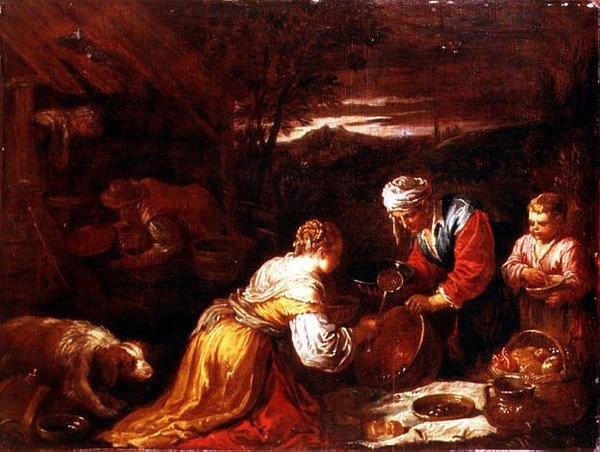 الفلاحون يحضرون الطعام خارج كوخ ، منظر طبيعي واسع وراءه بواسطة ديفيد الأصغر (Attr. To) Teniers