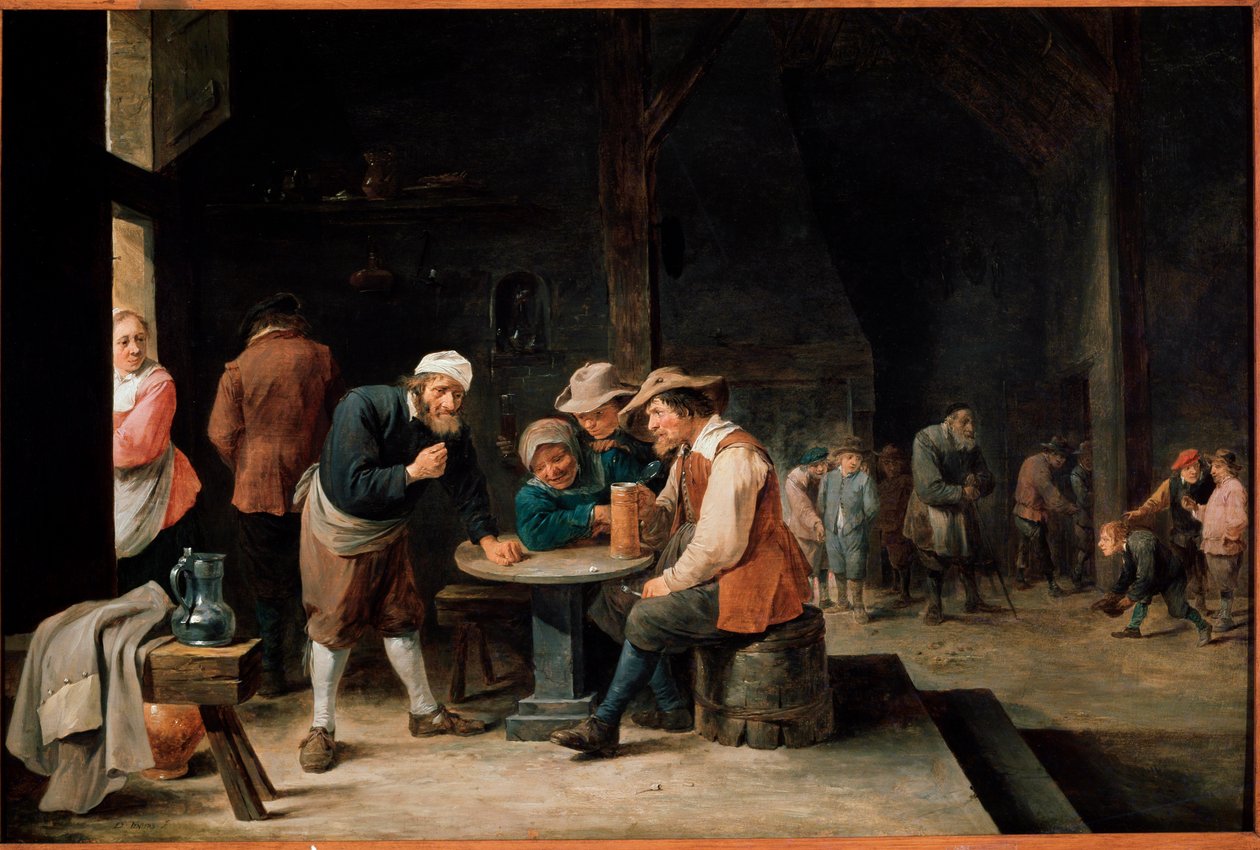 يشربون البيرة. لوحة ديفيد تينيرز الثاني ، الشاب (1610-1690). زيت على قماش بواسطة ديفيد تينيرز الأصغر