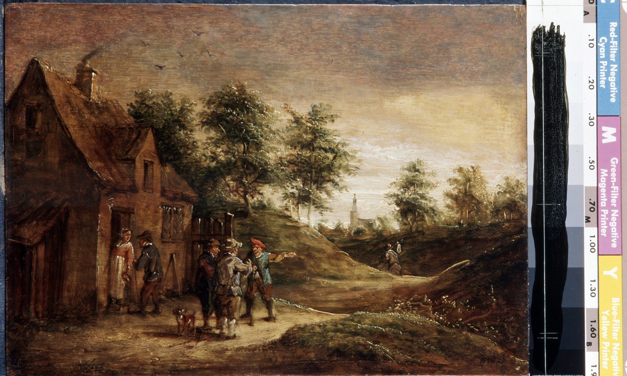 أمام الحانة (قبل الحانة). لوحة ديفيد تينيرز الأصغر (1610-1690). زيت على خشب بواسطة ديفيد تينيرز الأصغر