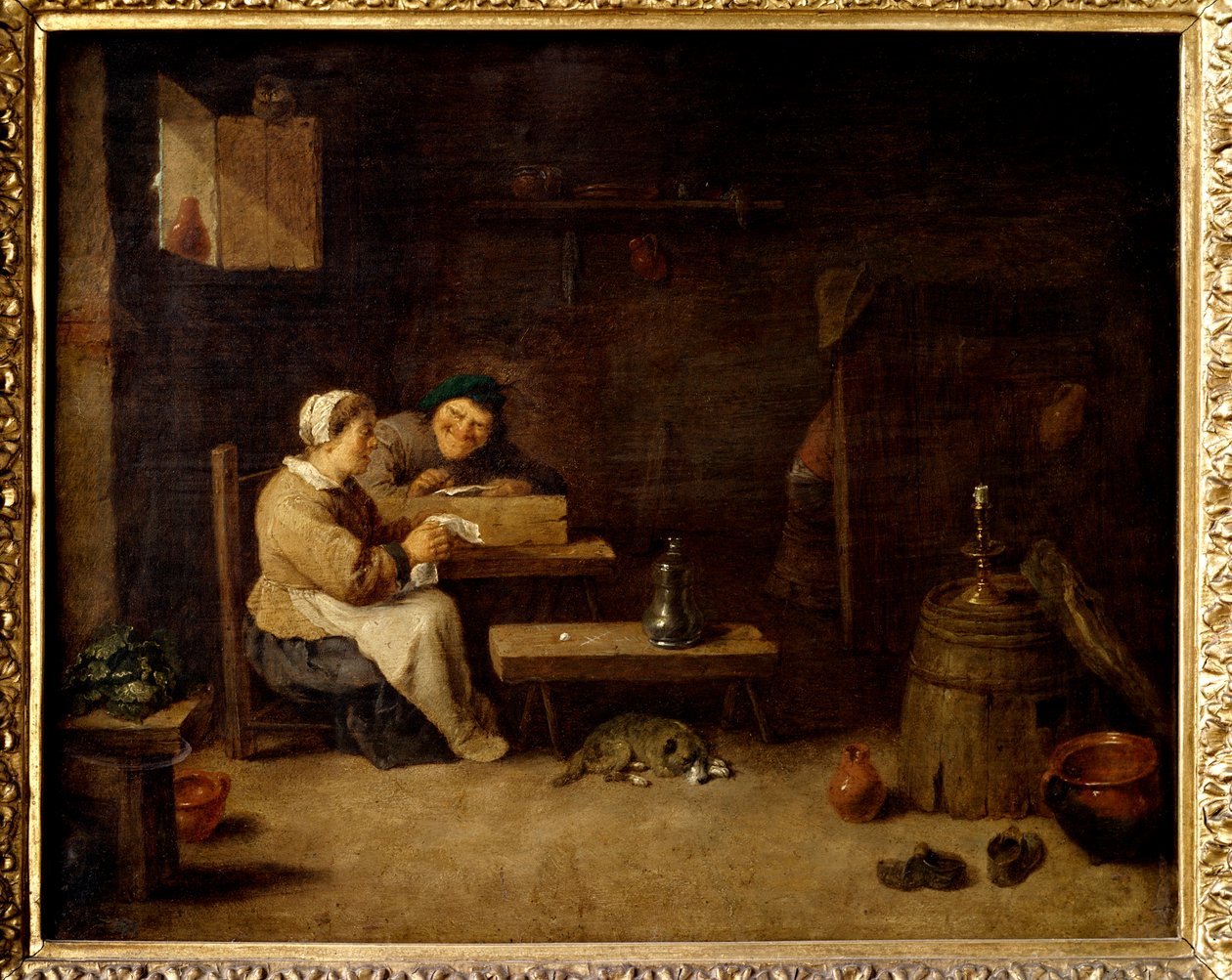 Restaurant Interieur شخصيتان بشعتان في نزل فلمنكي. لوحة ديفيد تينيرز الثاني الأصغر (1610-1660) القرن السابع عشر الشمس. 0.23x0.28 م باريس ، متحف اللوفر بواسطة ديفيد تينيرز الأصغر
