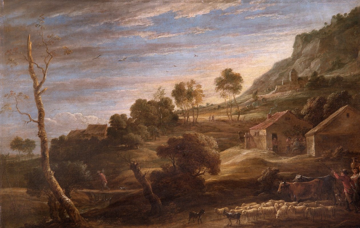 منظر طبيعي مع فلاحين يقودون الماشية ، 1670-90 (زيت على قماش) بواسطة ديفيد تينيرز الأصغر