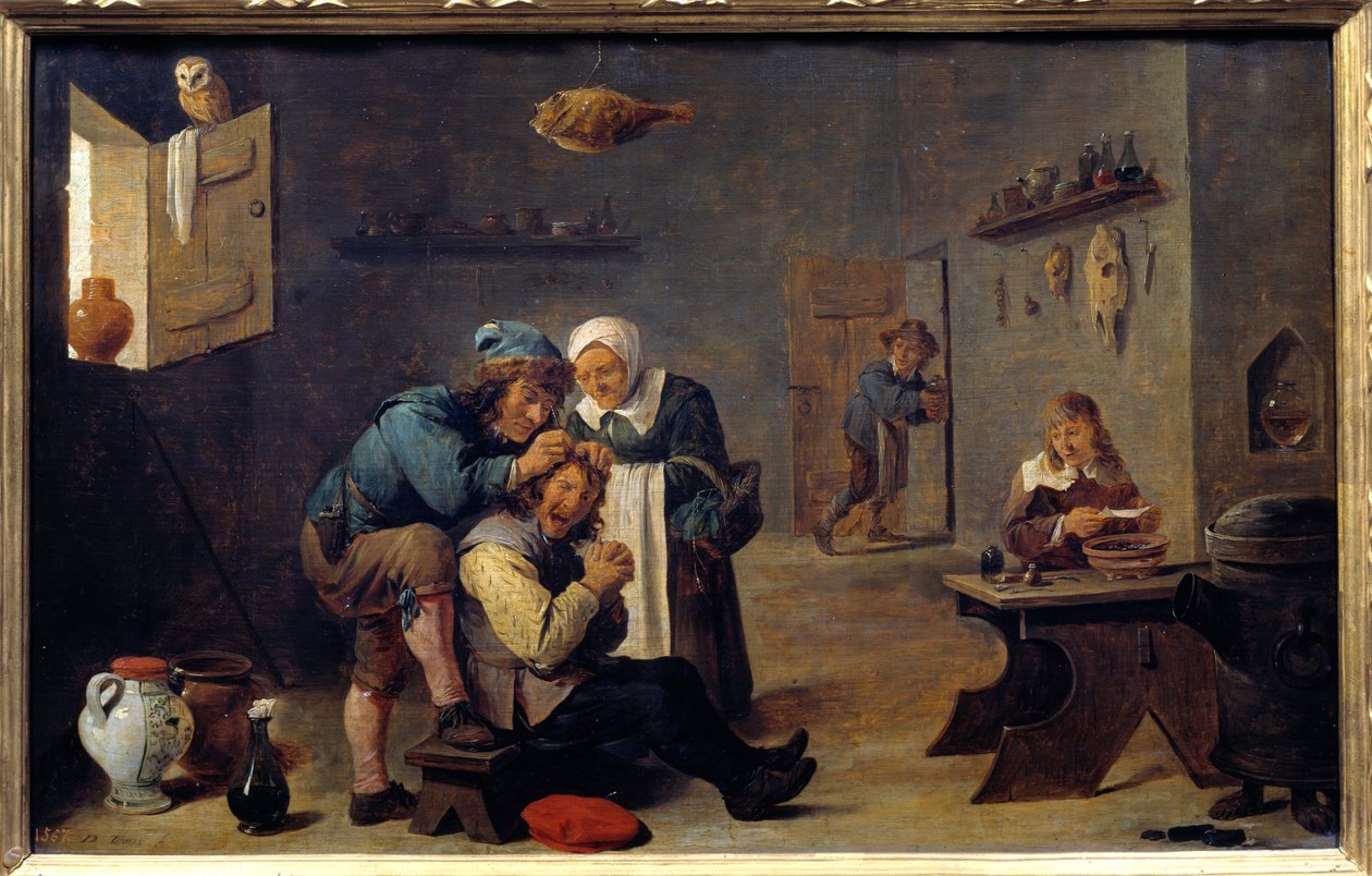 الطب: "العملية الجراحية" لوحة لديفيد تينيرز الثاني الشاب (1610-1690) (ec.flam.) صن. 0،33x0،25 م مدريد ، متحف برادو بواسطة ديفيد تينيرز الأصغر