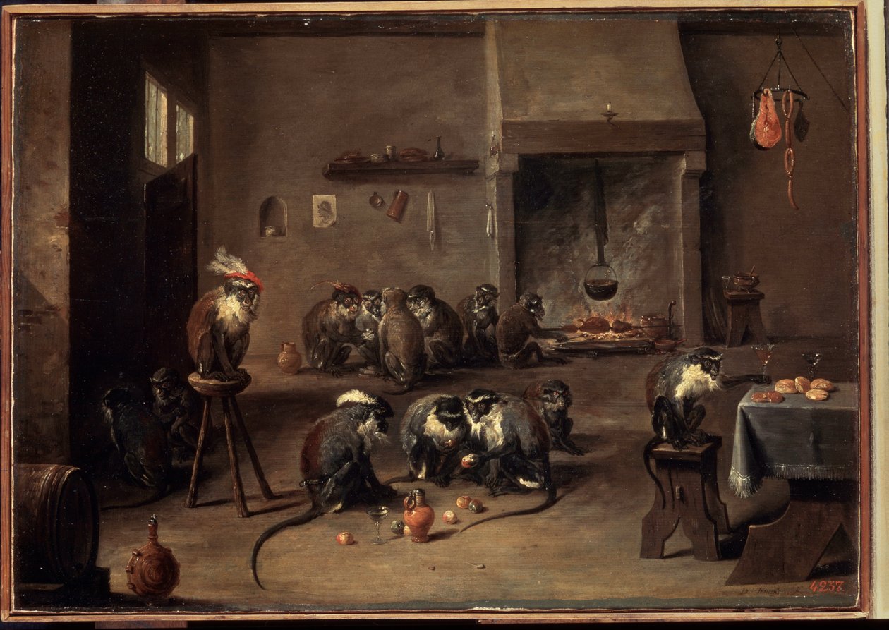 القرود في المطبخ. لوحة ديفيد تينيرز الأصغر (1610-1690). زيت على قماش ، 36 × 50.5 سم ، حوالي 1640. الفن الفلمنكي ، الفن الباروكي. متحف هيرميتاج ، سانت بطرسبرغ. بواسطة ديفيد تينيرز الأصغر