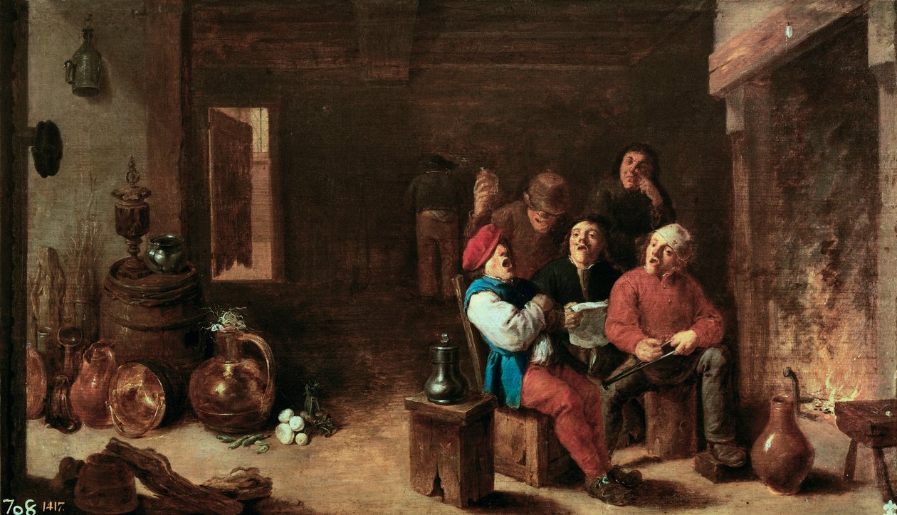 الغناء في المطبخ. لوحة لديفيد تينيرز الثاني الشاب (1610-1690). زيت على خشب ، حوالي عام 1633 ، فن فلمنكي. متحف برادو ، مدريد. بواسطة ديفيد تينيرز الأصغر