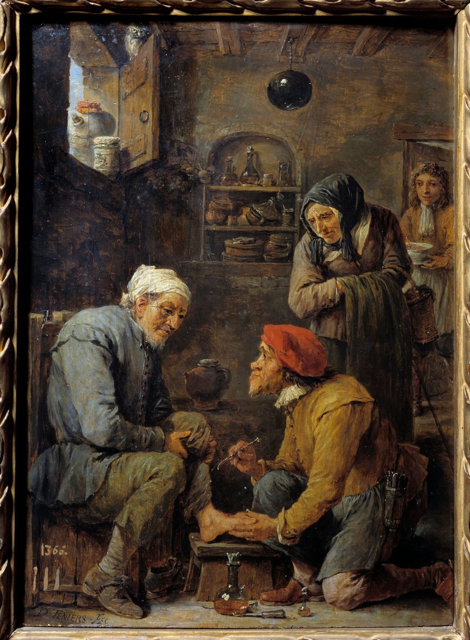 عملية جراحية رجل يُقبض عليه لفتح قدم المريض. لوحة ديفيد تينيرز الثاني الشاب (1610-1690) القرن السابع عشر الشمس. 0،33x0،25 م مدريد ، متحف برادو بواسطة ديفيد تينيرز الأصغر
