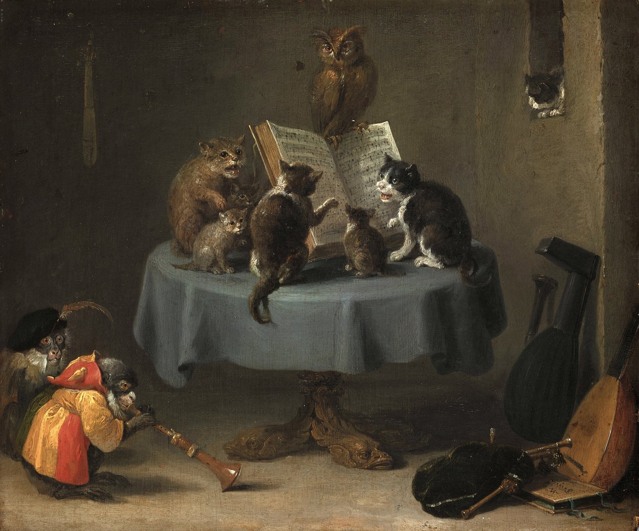 حفلة القطط حسب تينيرز ، ديفيد الأصغر (1610-1690). زيت على خشب ، مقاس: 26x31.5 بواسطة ديفيد تينيرز الأصغر