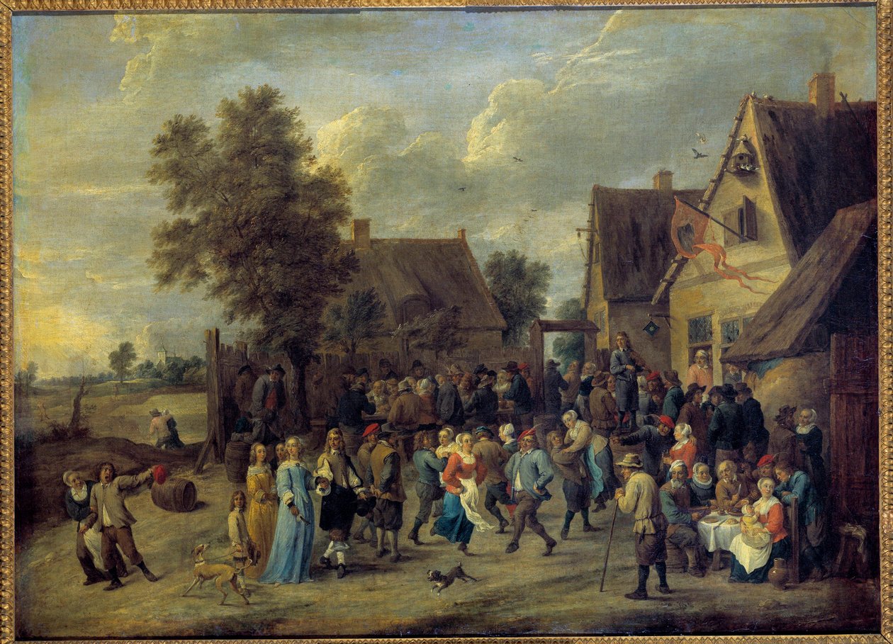 حفلة قروية مع زوجين أرستقراطيين رسم لديفيد تينيرز الثاني (1610-1690) صن. 0،8x1،09 م. بواسطة ديفيد تينيرز الأصغر