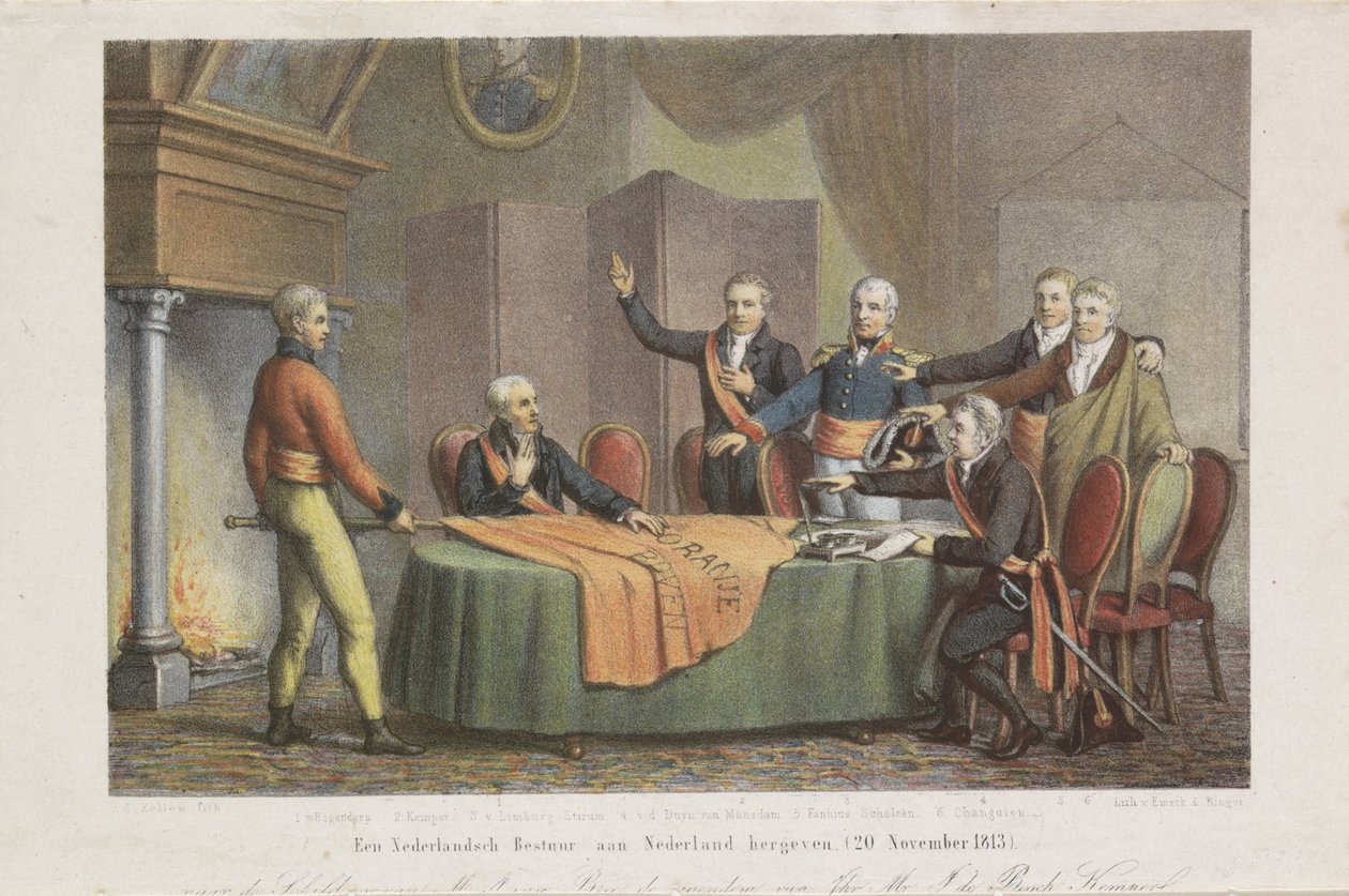 قبول الحكومة الثلاثية للحكومة العليا باسم أمير أورانج ، 21 نوفمبر 1813 إعادة إدارة هولندية إلى هولندا. (20 نوفمبر 1813) (العنوان على الكائن) بواسطة ديفيد فان دير كيلين