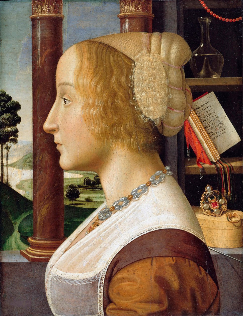 "" صورة شخصية لامرأة شابة "(صورة شخصية لامرأة شابة) لوحة رسمها دافيد غيرلاندايو (1452-1525) حوالي 1490 خافتًا 44.6x34.3 - ستاتليش موسين ، برلين بواسطة دافيد غيرلاندايو