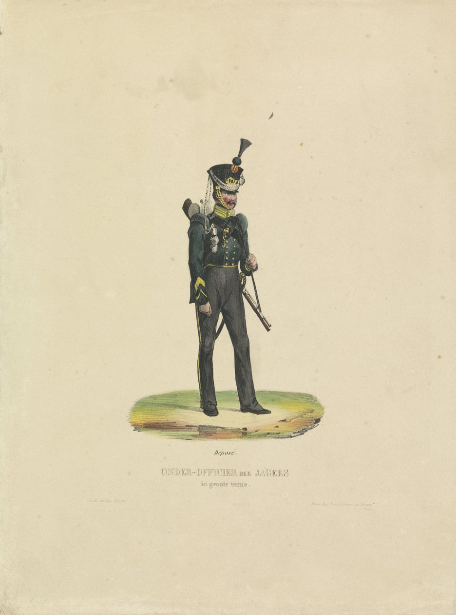 صياد باللباس الكامل ، 1820-1825 ضابط صغير ديس جايجر يرتدي زيًا كاملًا (العنوان على الشيء) بواسطة دي لا كور