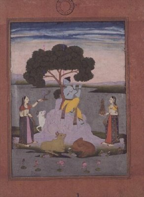قطة BL. رقم 428 من ألبوم جونسون رقم. 20 عنصر 3 ، كريشنا يلعب مع اثنين من جوبيس ، حيدر أباد ، حوالي 1770 (الغواش بحدود ذهبية وردية اللون) بواسطة مدرسة ديكاني